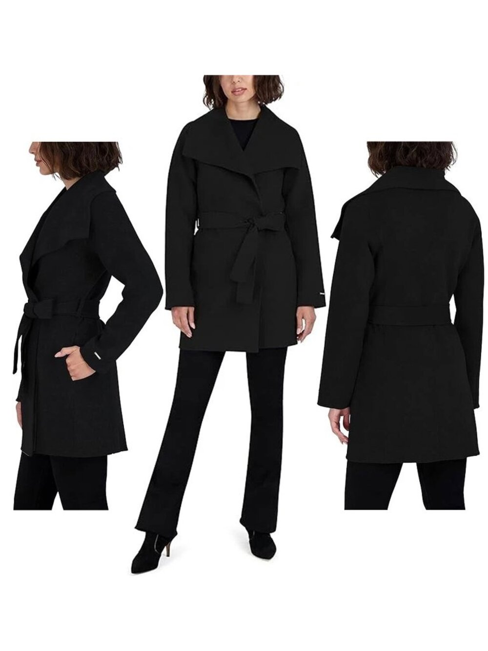 NWOT Tahari Jacket Womens L Black Marla Double-Face Belted Wrap Coat MSRP $400